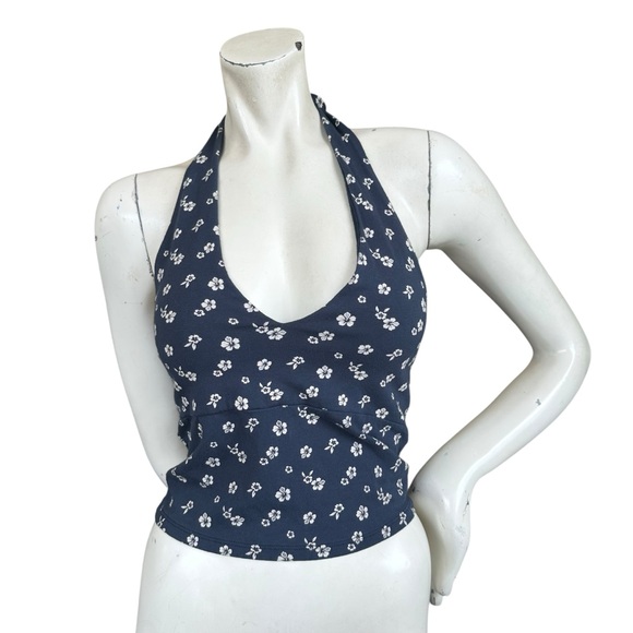 Hollister Y2K Inspired Navy Blue Hibiscus Flower Print Deep V Halter Top Medium - Picture 1 of 9